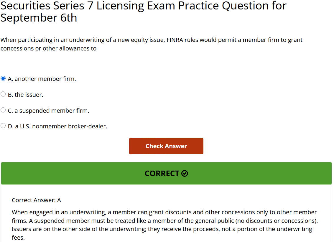 Securities Series 7 Licensing Exam Practice Question for September 6th